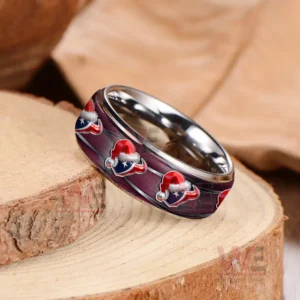 Houston Texans x Christmas Silver Tungsten Rings 6 Alt text: Close-up view of a Houston Texans Christmas-themed silver tungsten ring with a red Christmas hat on the logo.