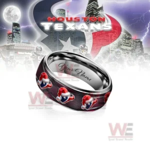 Houston Texans x Christmas Silver Tungsten Rings 8 Alt text: Houston Texans Christmas-themed silver tungsten ring with name engraving and a red Christmas hat on the logo.