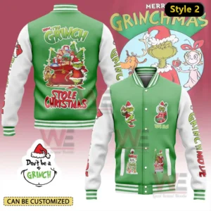 How The Grinch Stolen Christmas Baseball Jacket 10 A green and white Christmas themed Grinch jacket with festive illustrations!