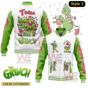 How The Grinch Stolen Christmas Baseball Jacket 11 A white and green Grinch themed jacket with holiday characters and decorations!