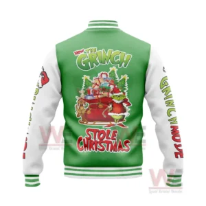 How The Grinch Stolen Christmas Baseball Jacket 12 The back of a green Grinch jacket featuring a sleigh full of gifts and festive artwork!