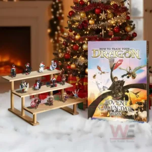 Alt text: A How to Train Your Dragon Advent Calendar with figurines on a shelf and a Christmas tree in the background.