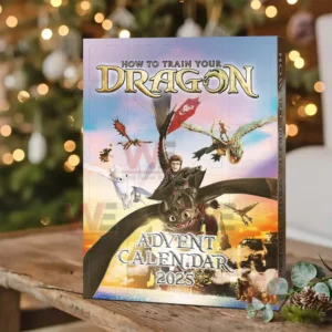 Alt text: Close-up of the How to Train Your Dragon Advent Calendar cover showing Hiccup and dragons.