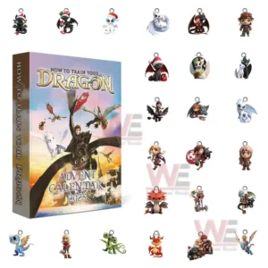 Alt text: The How to Train Your Dragon Advent Calendar with collectible figurines displayed beside it.