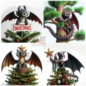 Dragon themed Christmas tree toppers with festive lights and decorations in different poses.