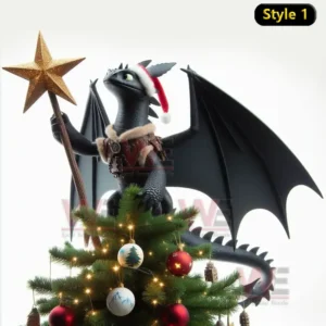 How to Train Your Dragon Christmas Tree Topper 6 Black dragon with Santa hat holding golden star standing on Christmas tree.
