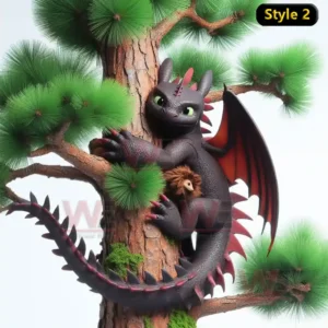 How to Train Your Dragon Christmas Tree Topper 7 Black dragon with red wings hugging a green pine tree.