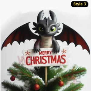 How to Train Your Dragon Christmas Tree Topper 8 Black dragon sitting on Christmas tree with Merry Christmas sign.