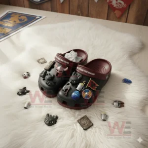 How to Train Your Dragon Crocs Crocband Clogs With Charms 6 Black and maroon clogs with dragon themed charms on a white fluffy rug.