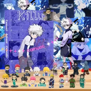 Killua advent calendar with many small character figures displayed on a wooden table in front of a blue collage backdrop!