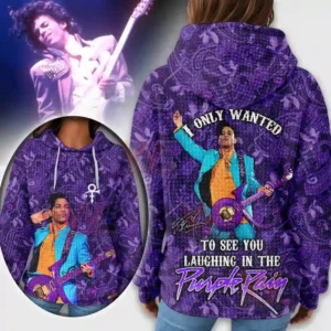 A purple hoodie with ornate patterns and a large printed image of a musician holding a guitar along with a background stage image!