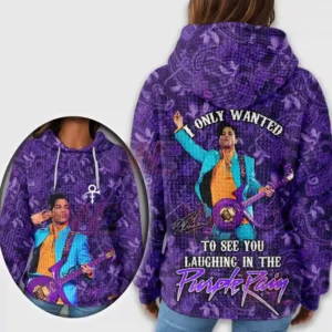 A purple hoodie viewed from behind with an illustrated musician holding a guitar and raising an arm printed across the back!
