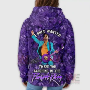 A back view of a purple hoodie featuring a bold illustration of a guitarist with one arm raised against an ornate purple pattern!