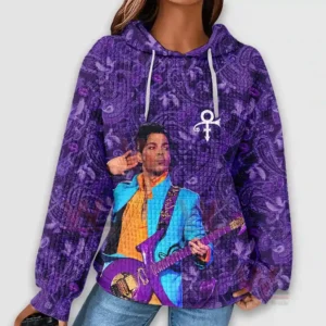 A purple hoodie with detailed patterns and a printed front image of a musician playing a guitar!