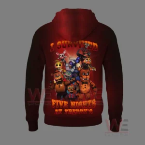 Red hoodie with a large group of animated characters and bold survival themed wording.