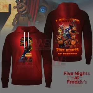 I Survived Five Nights At Freddy's Shirt and Hoodie 8 Front and back views of red hoodie with animated character art and bold text.
