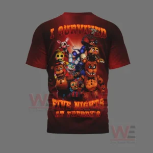 I Survived Five Nights At Freddy's Shirt and Hoodie 9 Back of red shirt with animated character group and bold themed text.