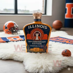 Illinois anniversary bottle on white rug with helmet basketball and team decor!