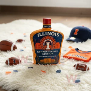 Illinois anniversary bottle on soft rug with mini footballs cap and jersey!