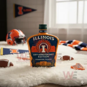 Illinois anniversary bottle on white rug with helmet pennant and foam finger!