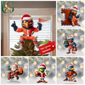 Illinois Fighting Illini Christmas set with mascot tree topper and themed ornaments displayed in festive style!