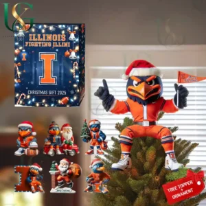 Illinois Fighting Illini 2025 Christmas gift box with mascot topper and various themed ornaments in festive colors!
