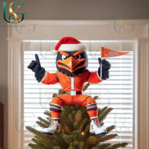 Illinois Fighting Illini mascot Christmas tree topper with Santa hat and orange outfit holding holiday flag!