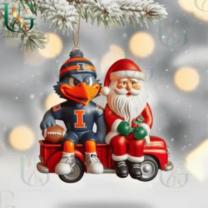 Illinois Fighting Illini mascot and Santa ornament on red vehicle hanging under frosted tree branch!
