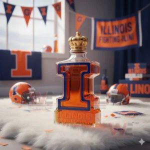 A clear view of an Illinois themed I shaped bottle placed on a fluffy white surface with sports items and Illinois colors behind it!
