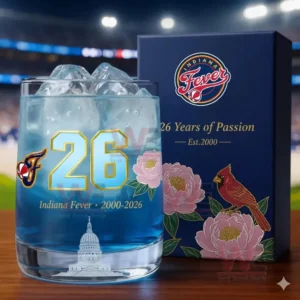 Indiana Fever 26th Anniversary Whiskey Glass 3 Indiana Fever whiskey glass with ice and 26th anniversary box, displayed in front of a basketball arena background.