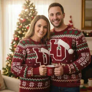 Alt text: A couple in matching Indiana Hoosiers Christmas sweaters with the "Crimson & Joy" slogan and a Christmas tree background.