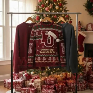 Alt text: Indiana Hoosiers Christmas sweaters displayed on a rack with a holiday setting and Christmas tree in the background.