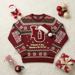 Alt text: Close-up of Indiana Hoosiers Christmas sweater with 