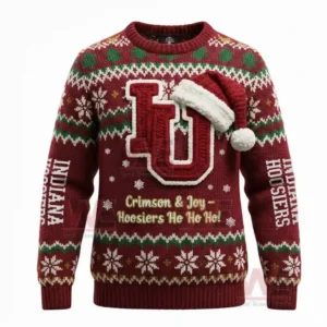 Alt text: Front view of Indiana Hoosiers Christmas sweater with 