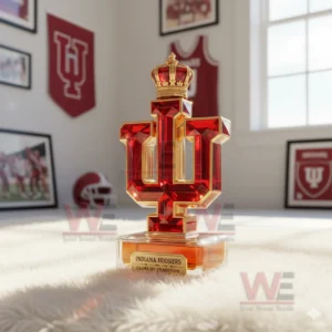 A red Indiana University logo bottle is illuminated by window light in a room decorated with IU sports items.