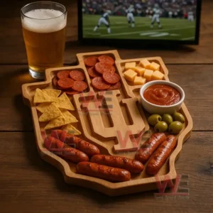 A map shaped wooden platter filled with assorted snacks sits beside a glass of beer with a sports game visible on a television in the background!