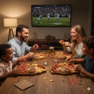 Indiana Hoosiers Heritage Platter Board 3 A family eats snacks from map shaped wooden boards at a table while a sports game plays on a television in the background!