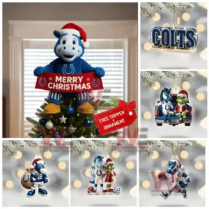 A festive Indianapolis Colts Christmas set displaying the mascot as a tree topper and several themed ornaments celebrating the holiday spirit with football inspired designs.
