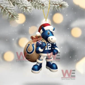 A cheerful Indianapolis Colts mascot with a Santa hat and holiday sign placed on top of a Christmas tree decorated with team colored ornaments.