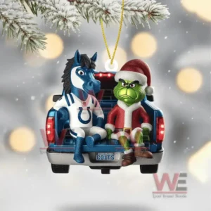 A Christmas gift set featuring the Indianapolis Colts mascot on a decorated tree next to a blue gift box containing team ornaments for the 2025 season.