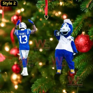 Football player and mascot ornaments hanging on a Christmas tree!