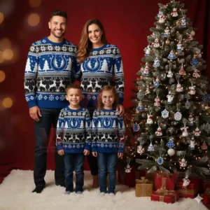 Indianapolis Colts NFL Christmas Ugly Sweater 2025 4 Family in matching blue and white Colts Christmas sweaters standing beside a Christmas tree decorated with lights and ornaments!