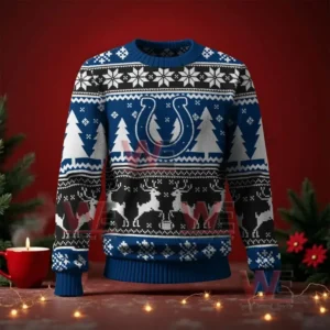 Indianapolis Colts NFL Christmas Ugly Sweater 2025 5 Blue and white Christmas sweater with a horseshoe logo on the front and festive snowflake and reindeer knit designs!