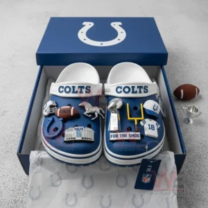 Indianapolis Colts NFL Crocs Crocband Clogs With Charms 7 Blue and white clogs with football charms inside an open blue box.