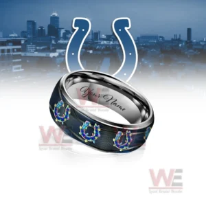 Indianapolis Colts x Christmas Silver Tungsten Rings 8 Alt text: Silver tungsten ring with colorful horseshoes and personalized engraving on a cityscape background.