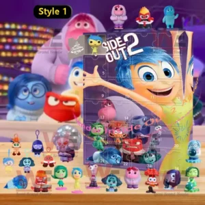 A joyful Inside Out 2 advent calendar with bright artwork of Joy and other emotions accompanied by small toy figures of the characters on a wooden display!