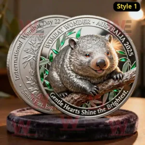 Wombat Wonder Australia 2025 silver coin with wombat illustration green leaves engraved text and polished metallic finish.