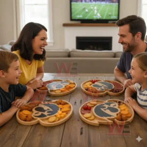 A family eats snacks from bird shaped wooden boards at a table while a sports game plays on a television behind them!