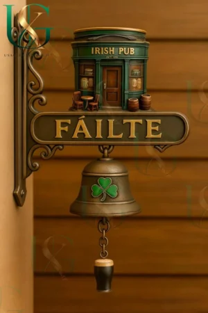 Irish pub style doorbell with Fáilte sign and shamrock bell mounted on wall background!