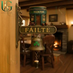 Irish Pub Doorbell 3 Irish pub themed doorbell with Fáilte inscription and shamrock bell inside warm pub interior!
